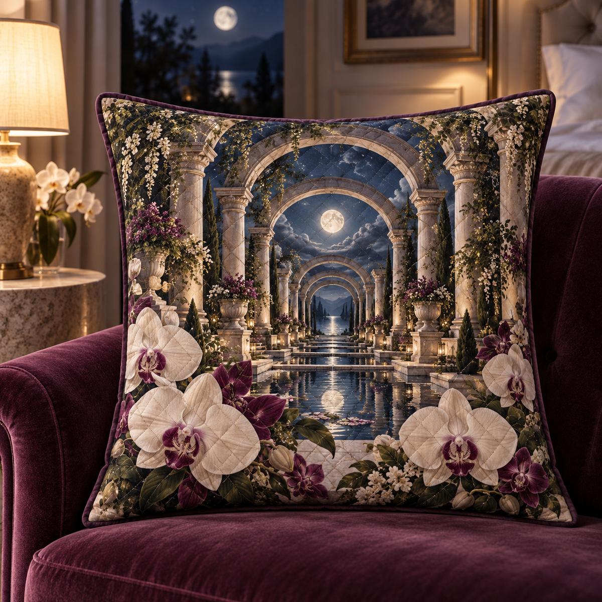 Orchid Moonlit Sanctuary Quilted Cushion Cover with flat printed orchid moonlit sanctuary artwork in a complete use setting