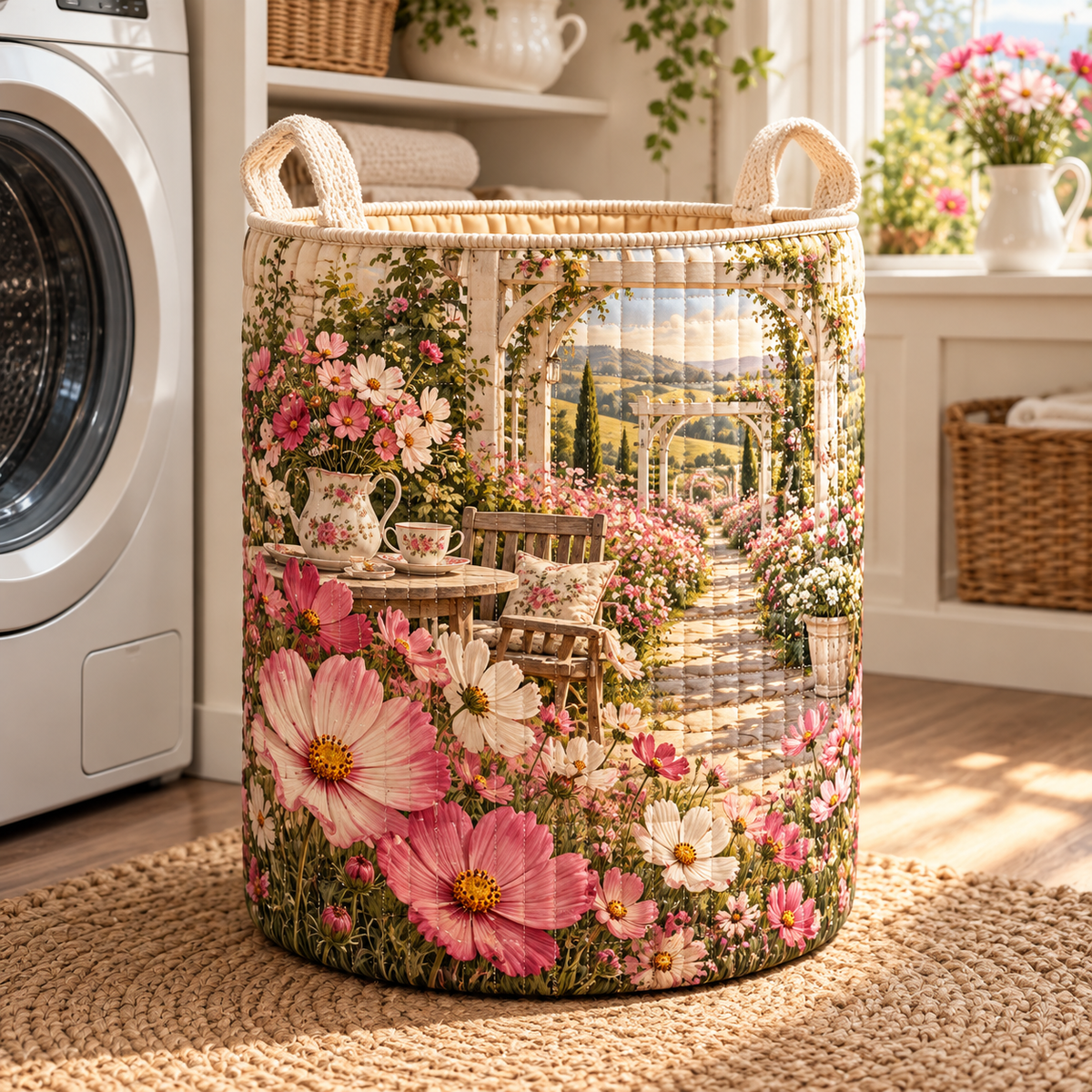 Cosmos Garden Hospitality Laundry Hamper with flat printed cosmos garden hospitality artwork in a complete use setting