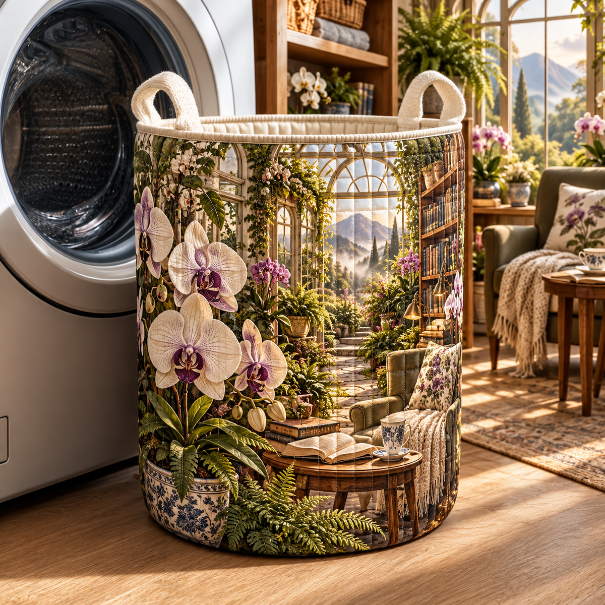 Orchid Conservatory Reading Laundry Hamper with flat printed orchid conservatory reading artwork in a complete use setting