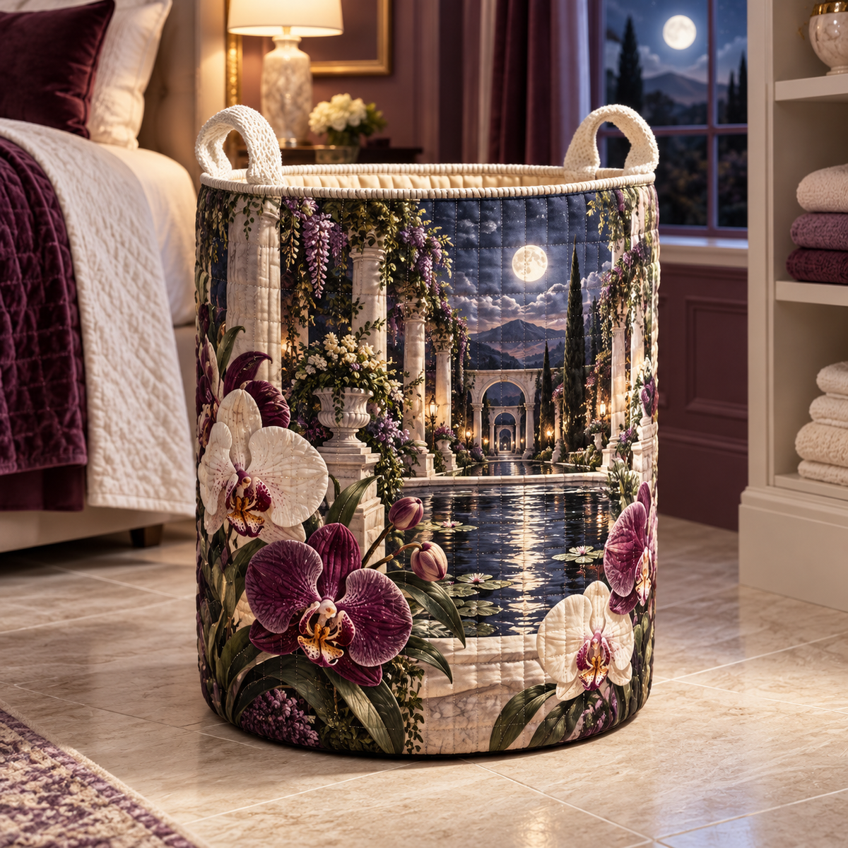 Orchid Moonlit Sanctuary Laundry Hamper with flat printed orchid moonlit sanctuary artwork in a complete use setting