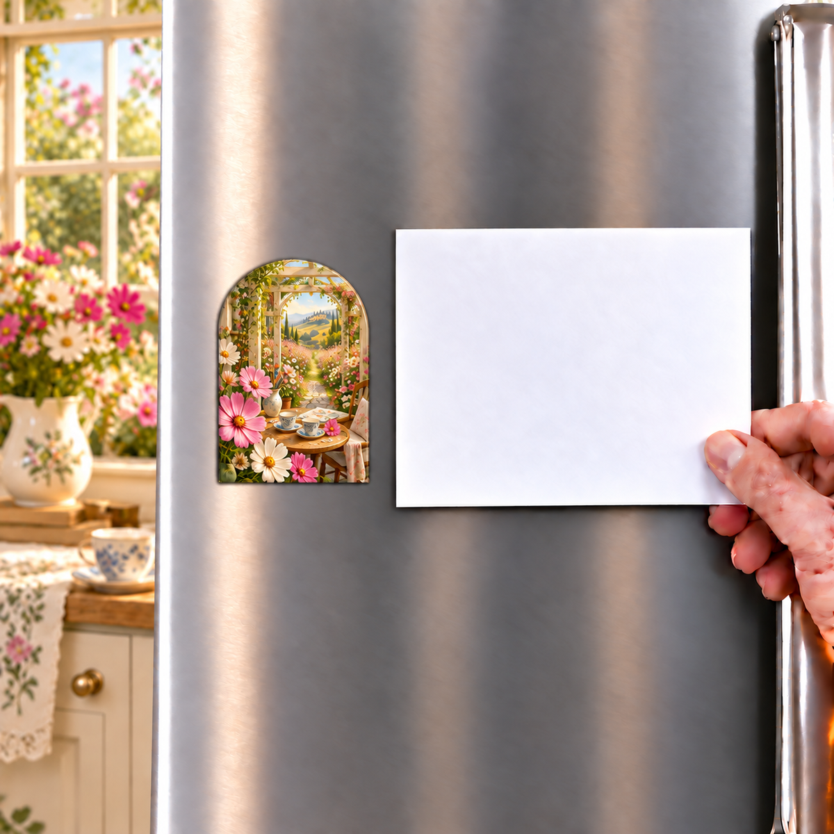 Cosmos Garden Hospitality Acrylic Refrigerator Magnet with flat printed cosmos garden hospitality artwork in a complete use setting