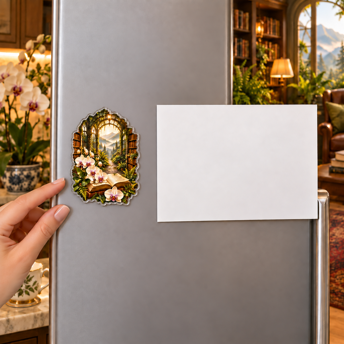 Orchid Conservatory Reading Acrylic Refrigerator Magnet with flat printed orchid conservatory reading artwork in a complete use setting