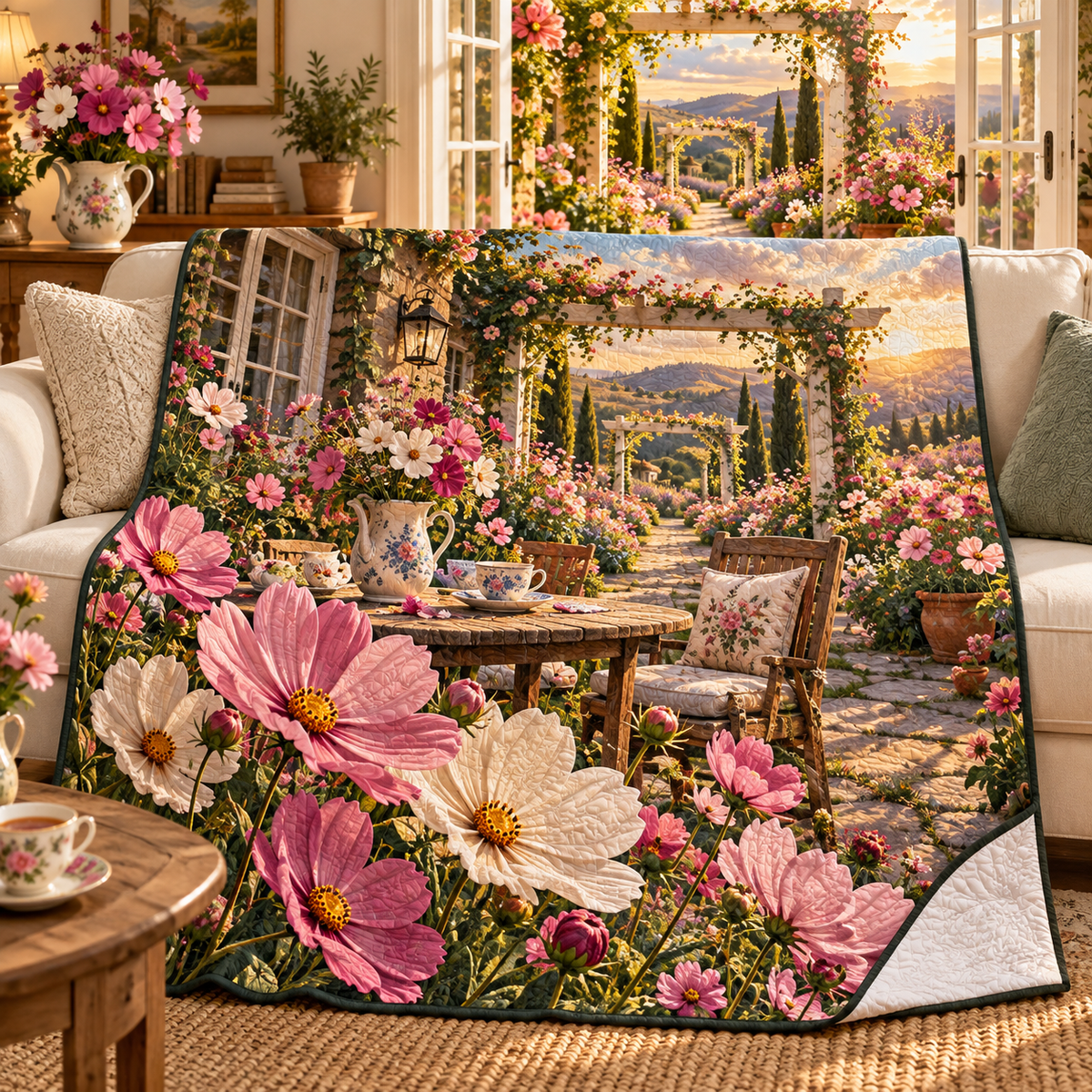 Cosmos Garden Hospitality Quilt Blanket with flat printed cosmos garden hospitality artwork in a complete use setting