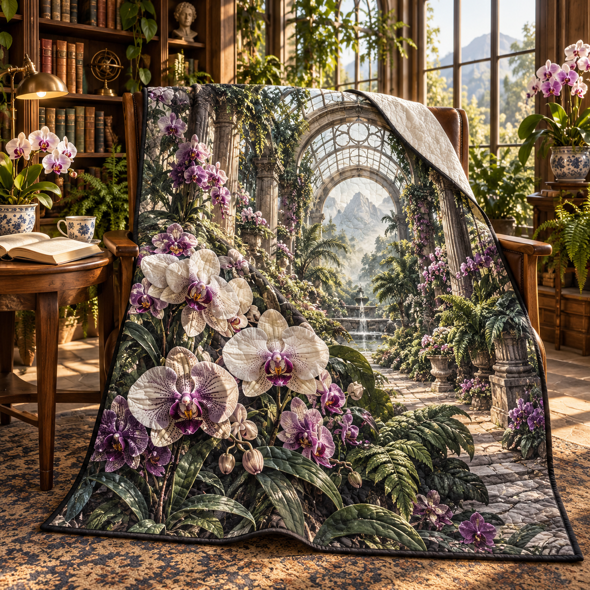 Orchid Conservatory Reading Quilt Blanket with flat printed orchid conservatory reading artwork in a complete use setting