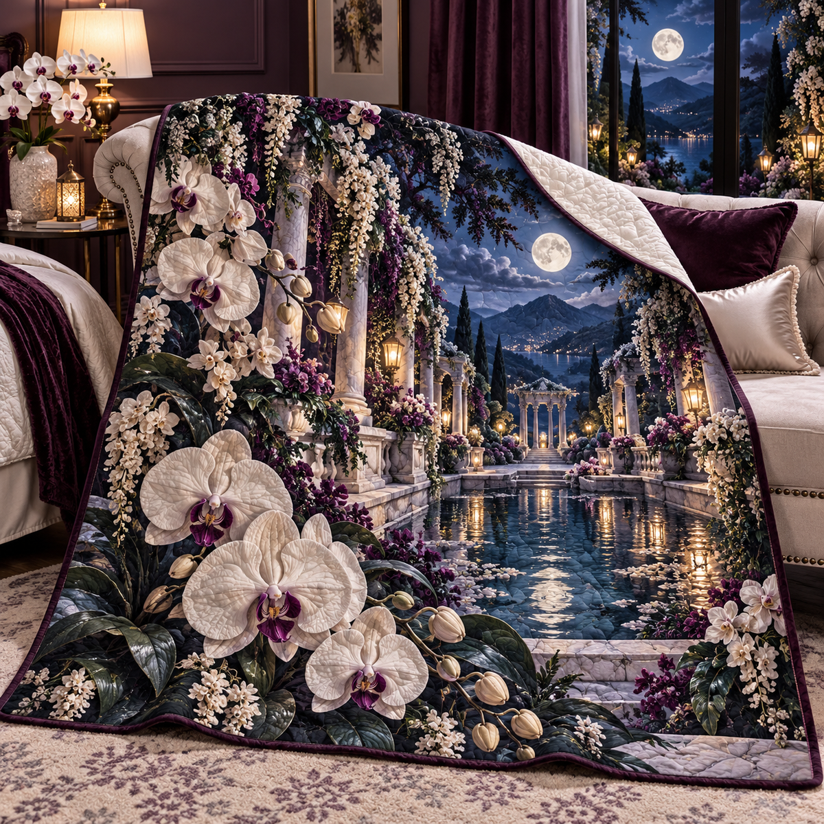Orchid Moonlit Sanctuary Quilt Blanket with flat printed orchid moonlit sanctuary artwork in a complete use setting