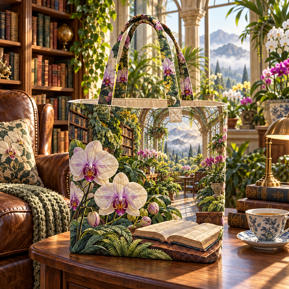 Orchid Conservatory Reading Quilted Tote Bag with flat printed orchid conservatory reading artwork in a complete use setting