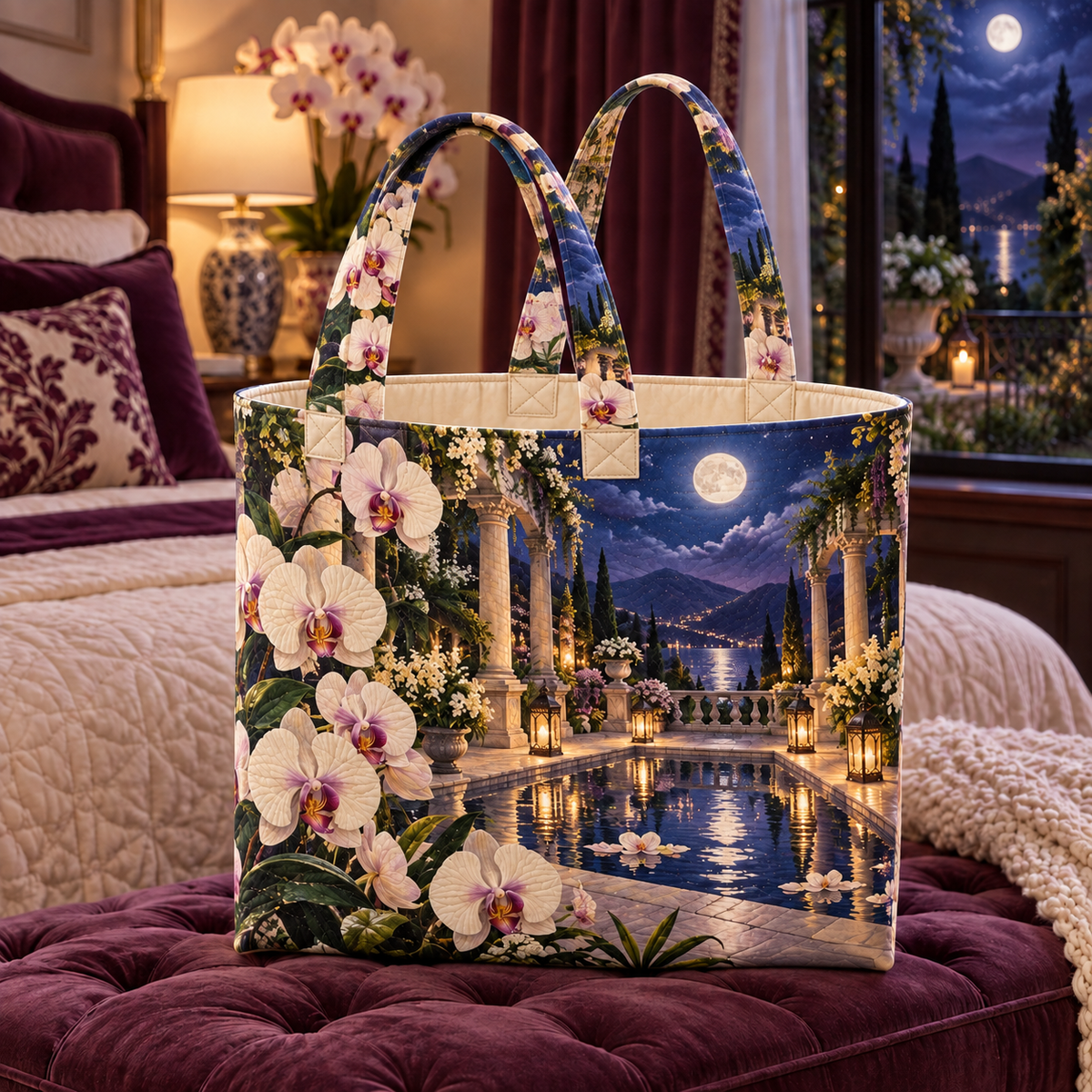 Orchid Moonlit Sanctuary Quilted Tote Bag with flat printed orchid moonlit sanctuary artwork in a complete use setting