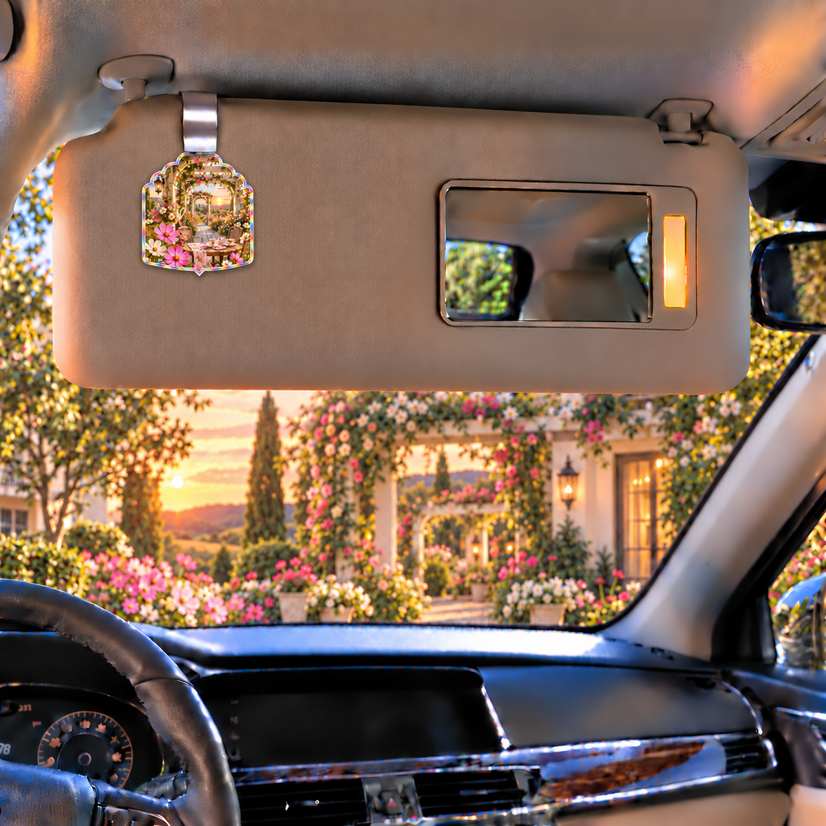 Cosmos Garden Hospitality Holographic Car Visor Clip with flat printed cosmos garden hospitality artwork in a complete use setting