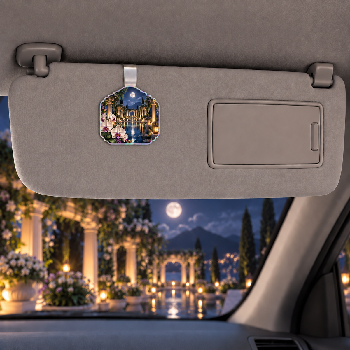 Orchid Moonlit Sanctuary Holographic Car Visor Clip with flat printed orchid moonlit sanctuary artwork in a complete use setting