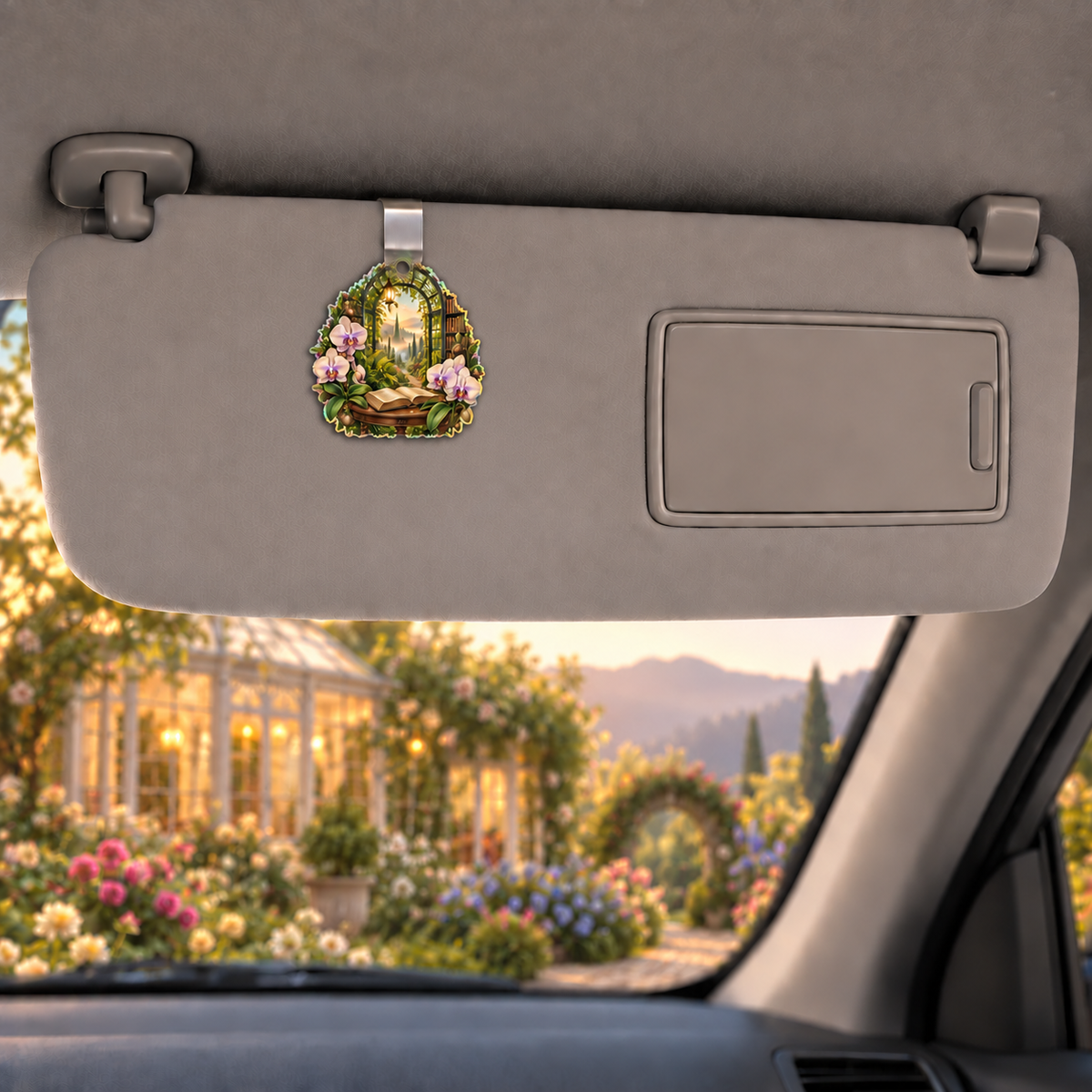 Orchid Conservatory Reading Holographic Car Visor Clip with flat printed orchid conservatory reading artwork in a complete use setting