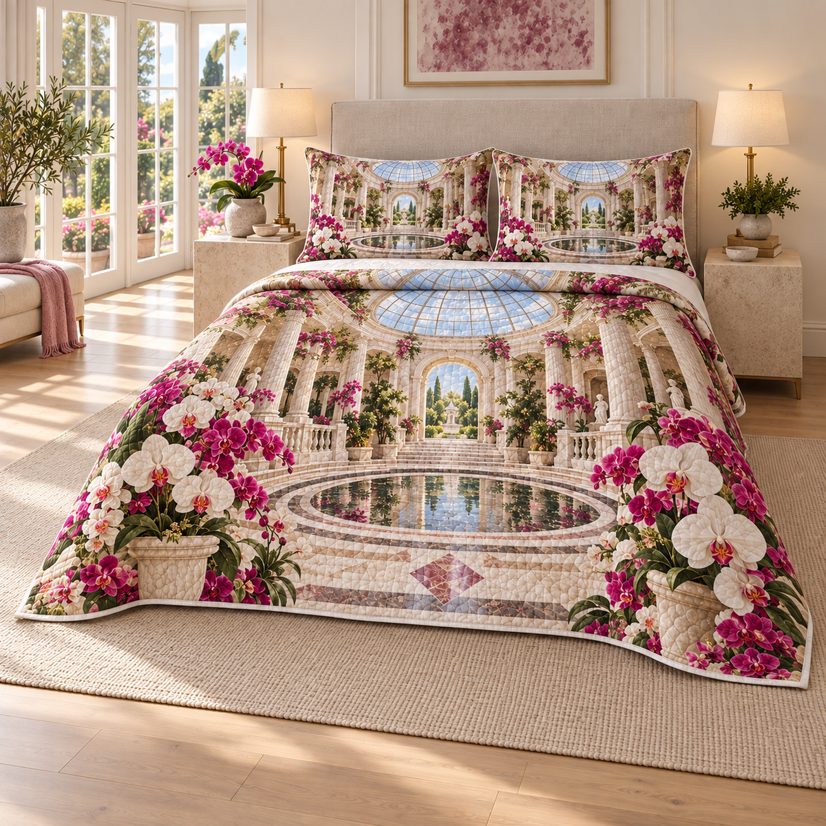Orchid Grand Atrium Quilted Bedding Set with flat printed orchid atrium artwork in a complete use setting