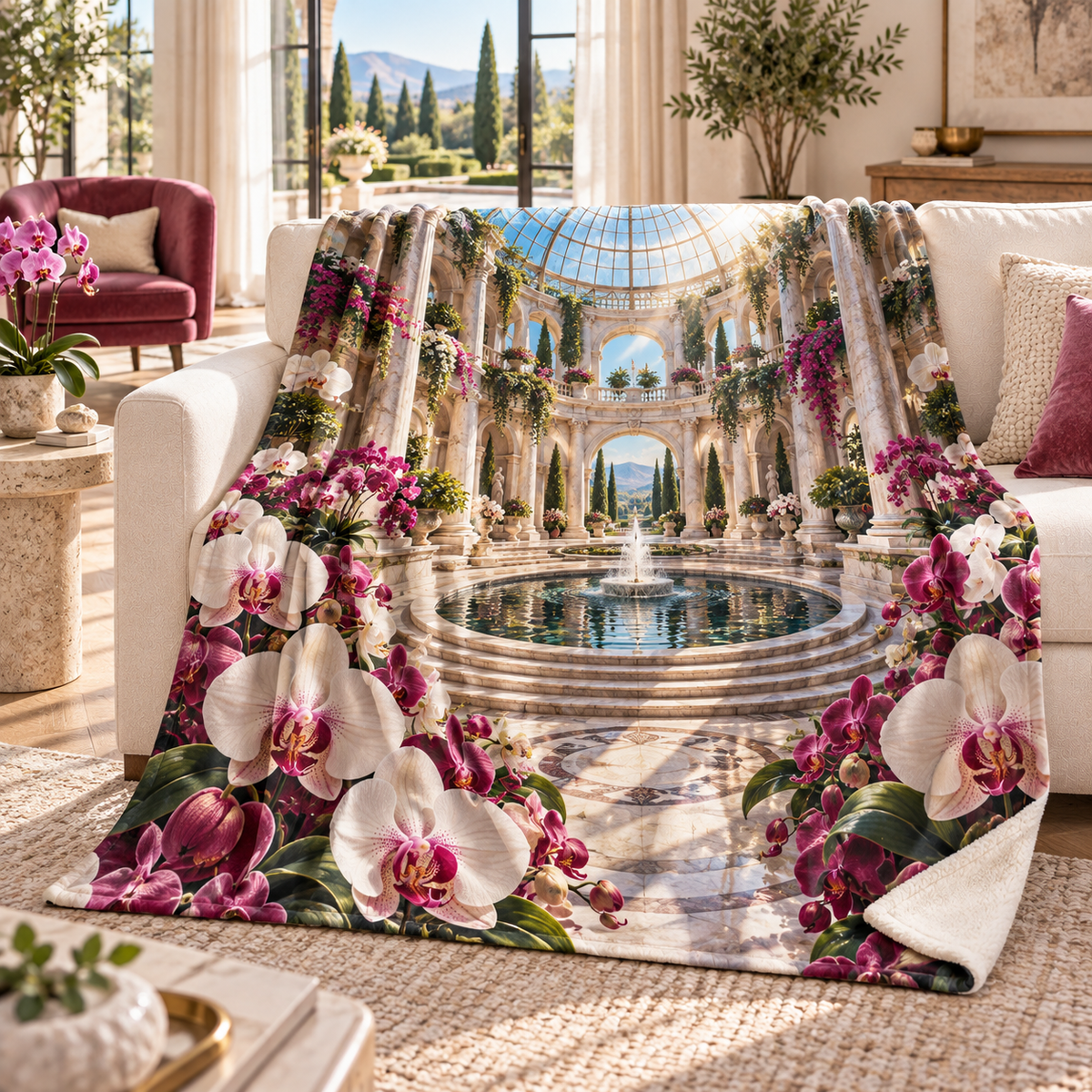 Orchid Grand Atrium Sherpa & Fleece Blanket with flat printed orchid atrium artwork in a complete use setting