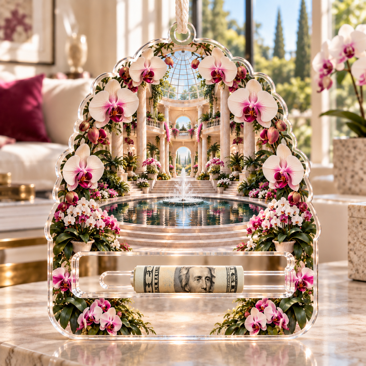 Orchid Grand Atrium Acrylic Cash Holder Ornament with flat printed orchid atrium artwork in a complete use setting