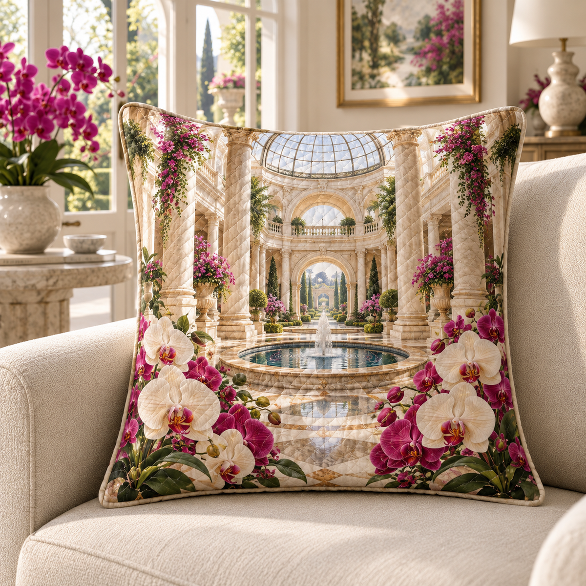 Orchid Grand Atrium Quilted Cushion Cover with flat printed orchid atrium artwork in a complete use setting