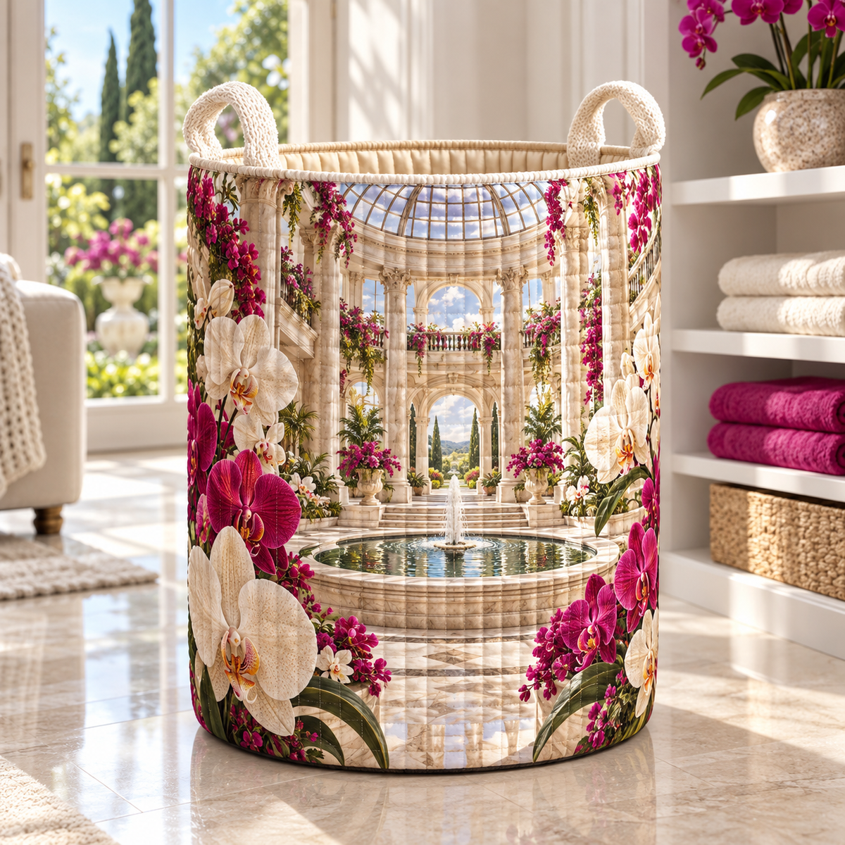 Orchid Grand Atrium Laundry Hamper with flat printed orchid atrium artwork in a complete use setting