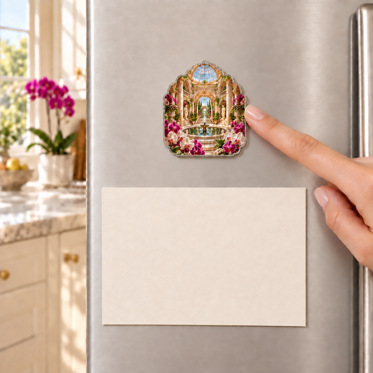 Orchid Grand Atrium Acrylic Refrigerator Magnet with flat printed orchid atrium artwork in a complete use setting