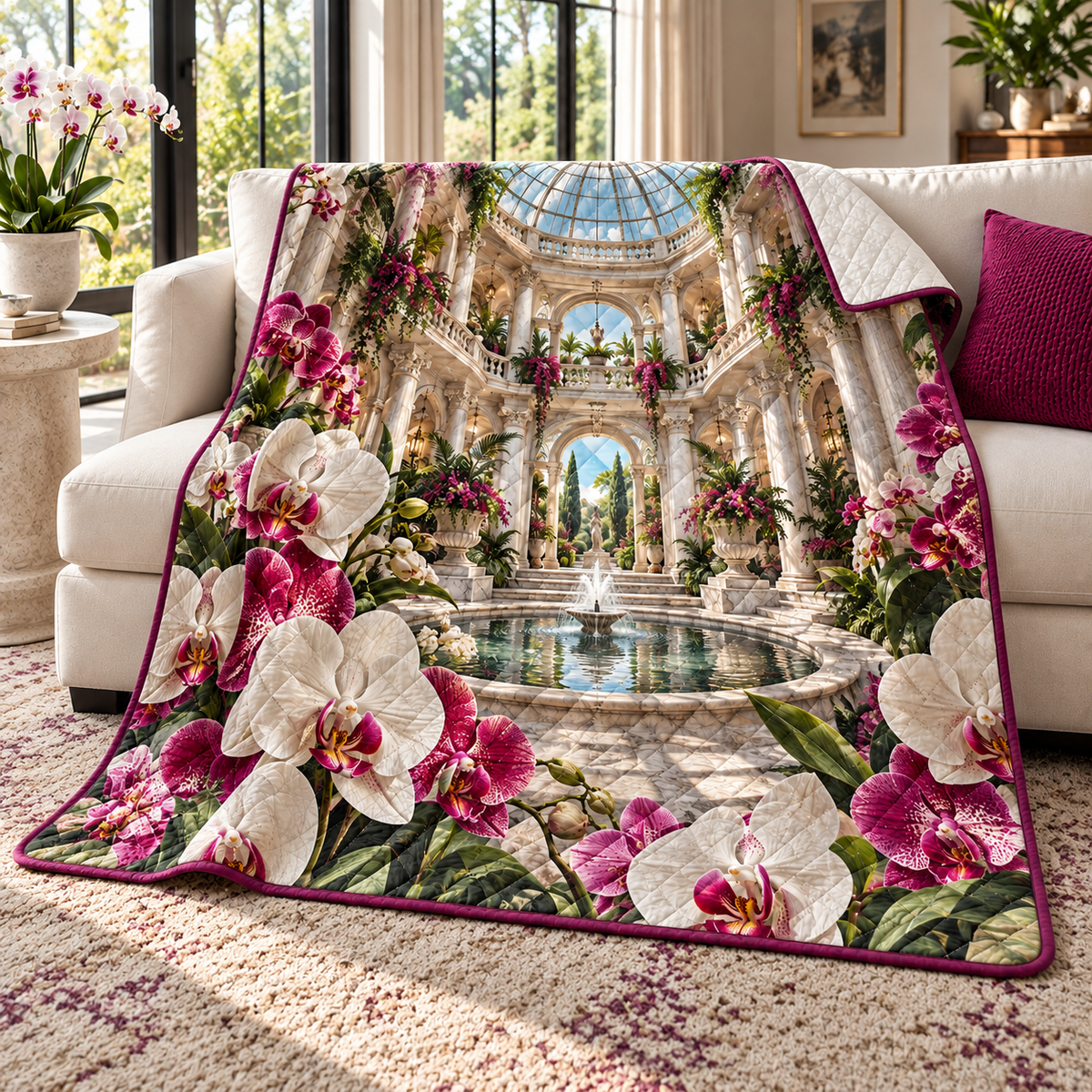 Orchid Grand Atrium Quilt Blanket with flat printed orchid atrium artwork in a complete use setting