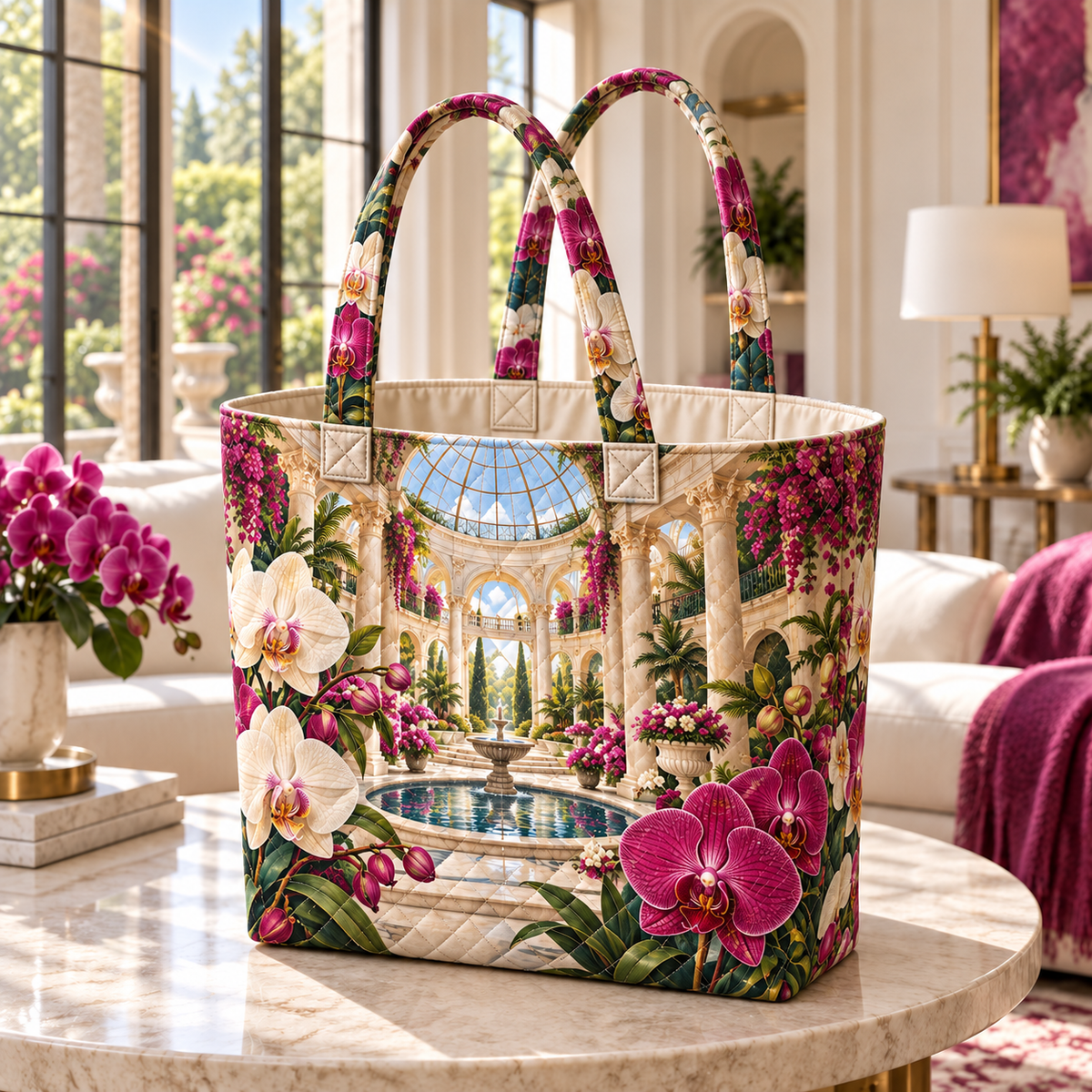 Orchid Grand Atrium Quilted Tote Bag with flat printed orchid atrium artwork in a complete use setting