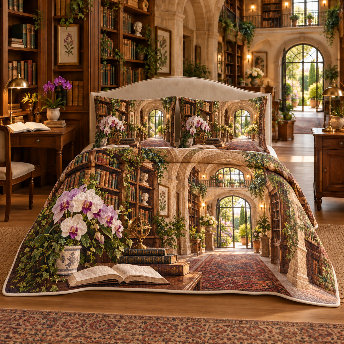 Orchid Library Retreat Quilted Bedding Set with flat printed orchid library artwork