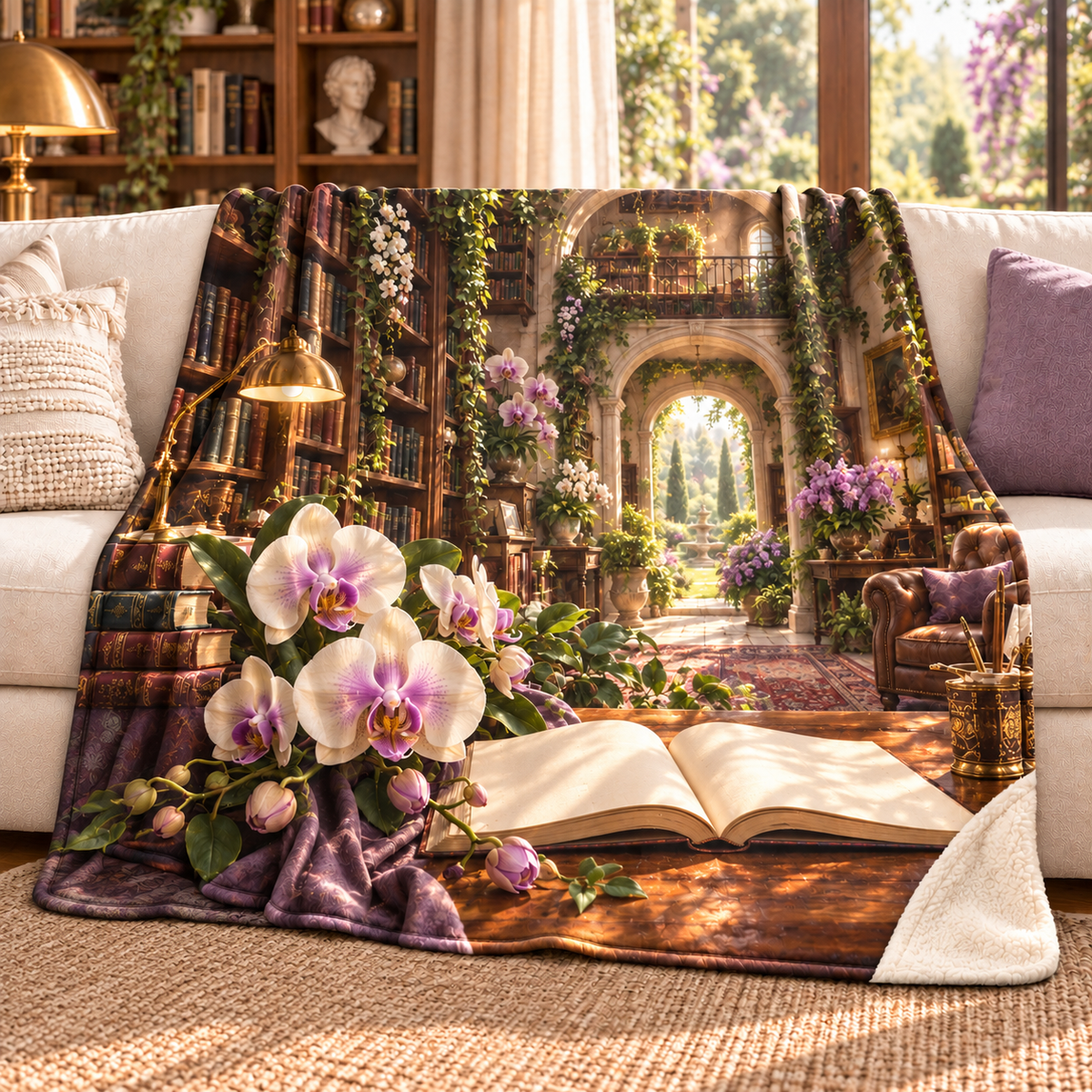 Orchid Library Retreat Sherpa & Fleece Blanket with flat printed orchid library artwork