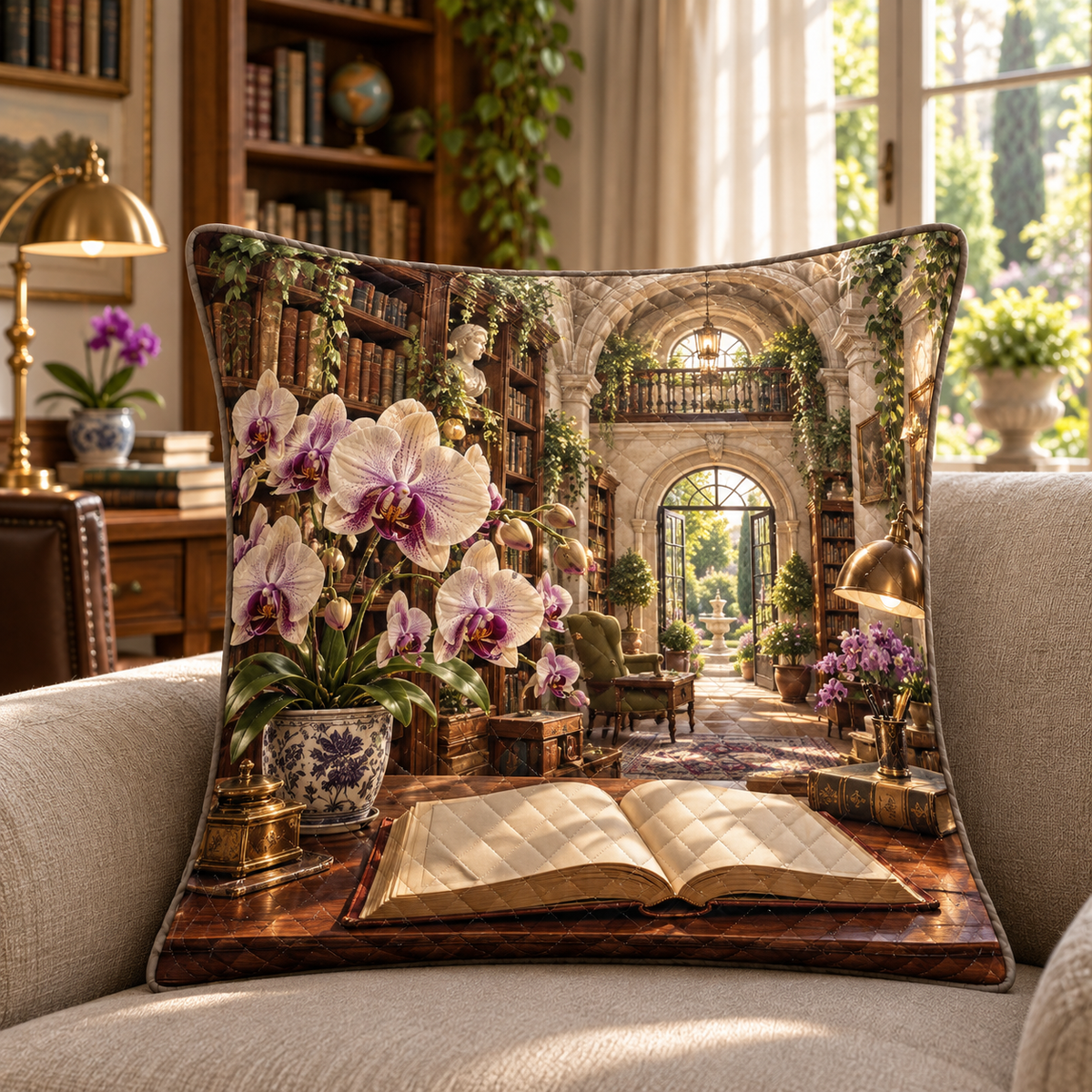 Orchid Library Retreat Quilted Cushion Cover with flat printed orchid library artwork