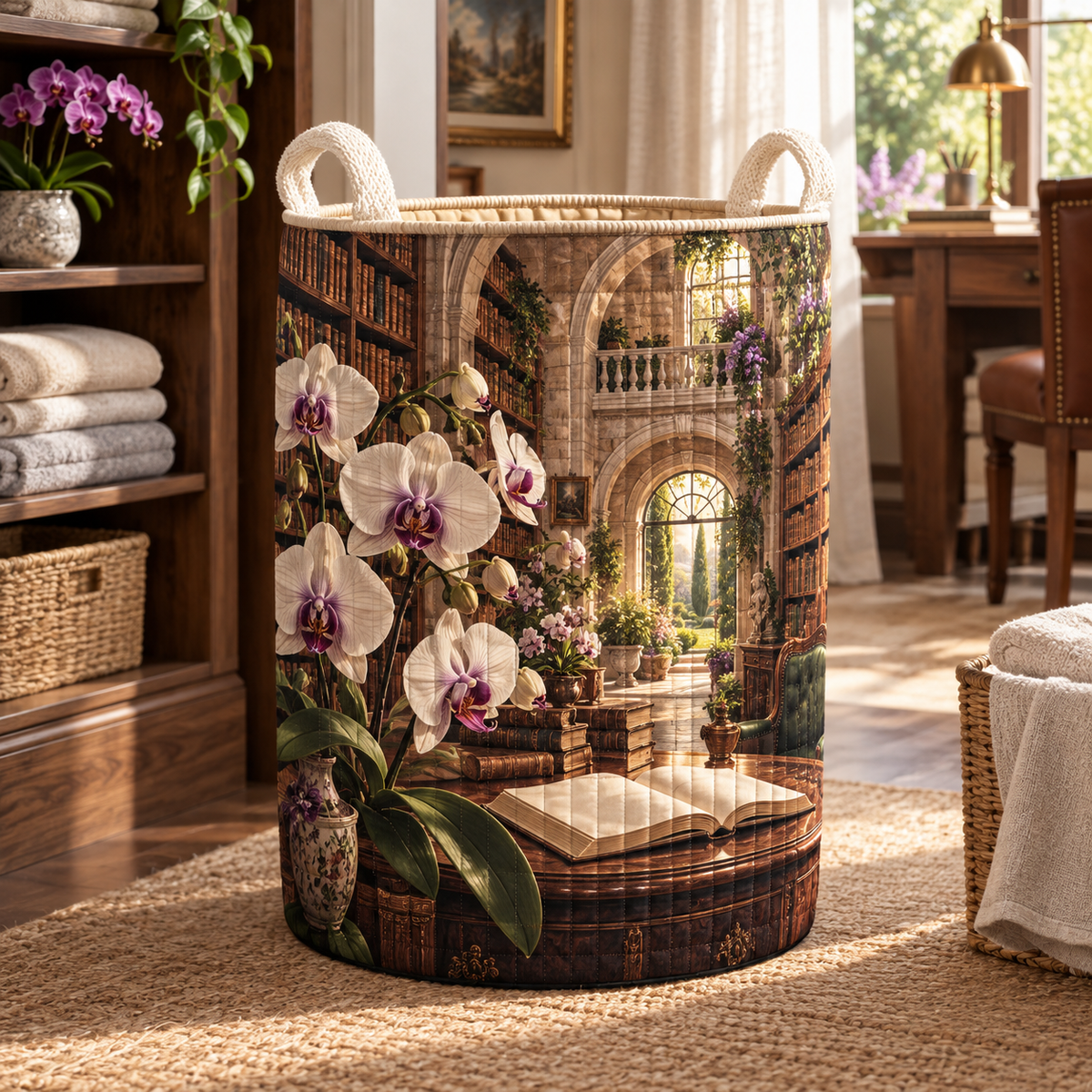 Orchid Library Retreat Laundry Hamper with flat printed orchid library artwork