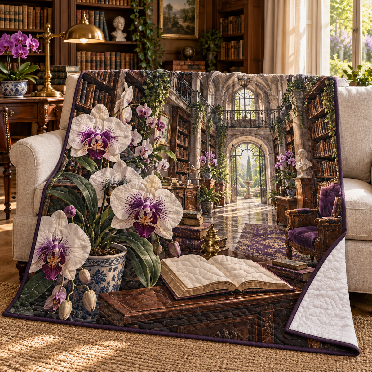 Orchid Library Retreat Quilt Blanket with flat printed orchid library artwork