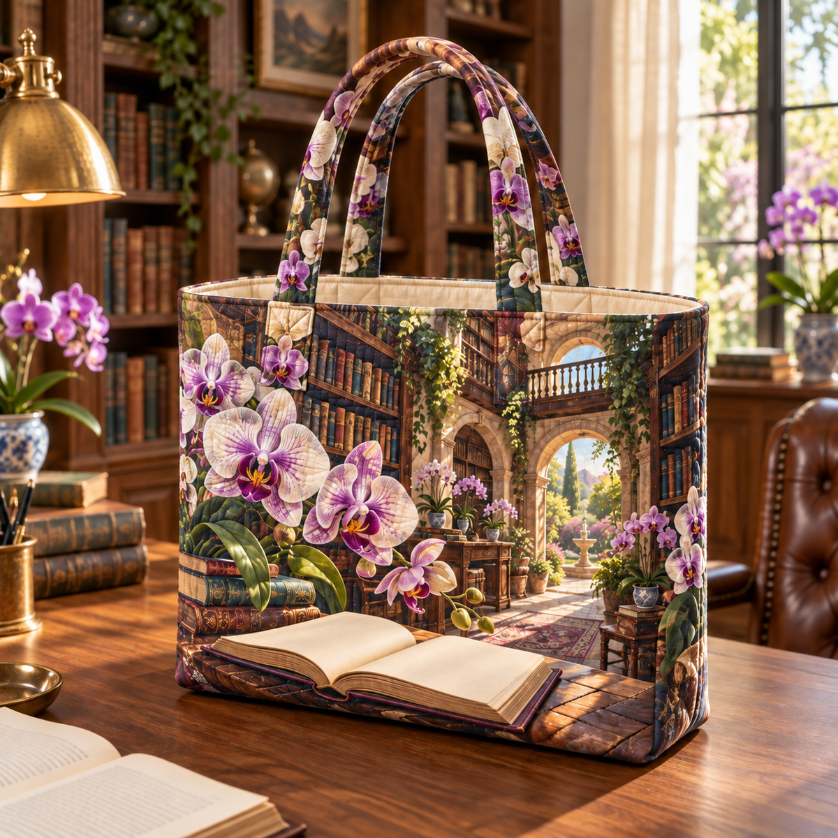 Orchid Library Retreat Quilted Tote Bag with flat printed orchid library artwork