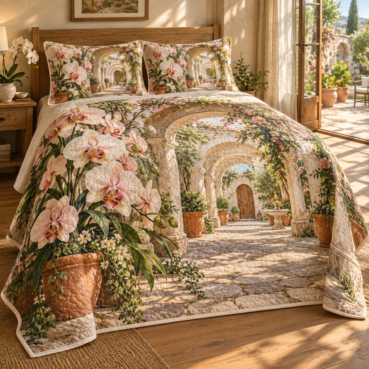 Orchid Welcome Courtyard Quilted Bedding Set with flat printed orchid courtyard artwork