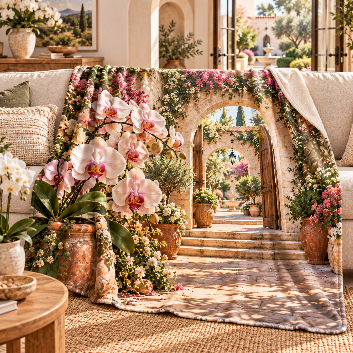 Orchid Welcome Courtyard Sherpa & Fleece Blanket with flat printed orchid courtyard artwork