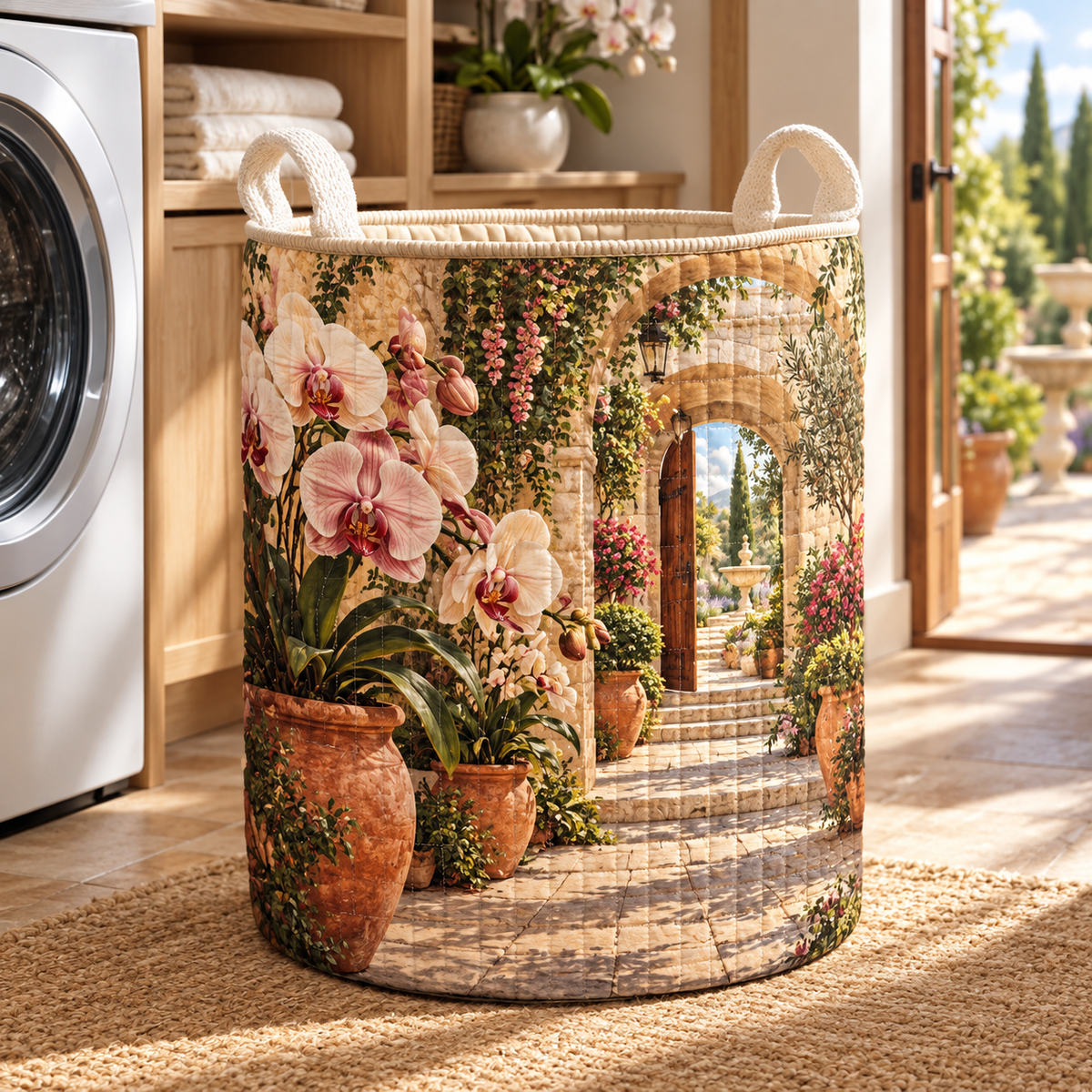 Orchid Welcome Courtyard Laundry Hamper with flat printed orchid courtyard artwork