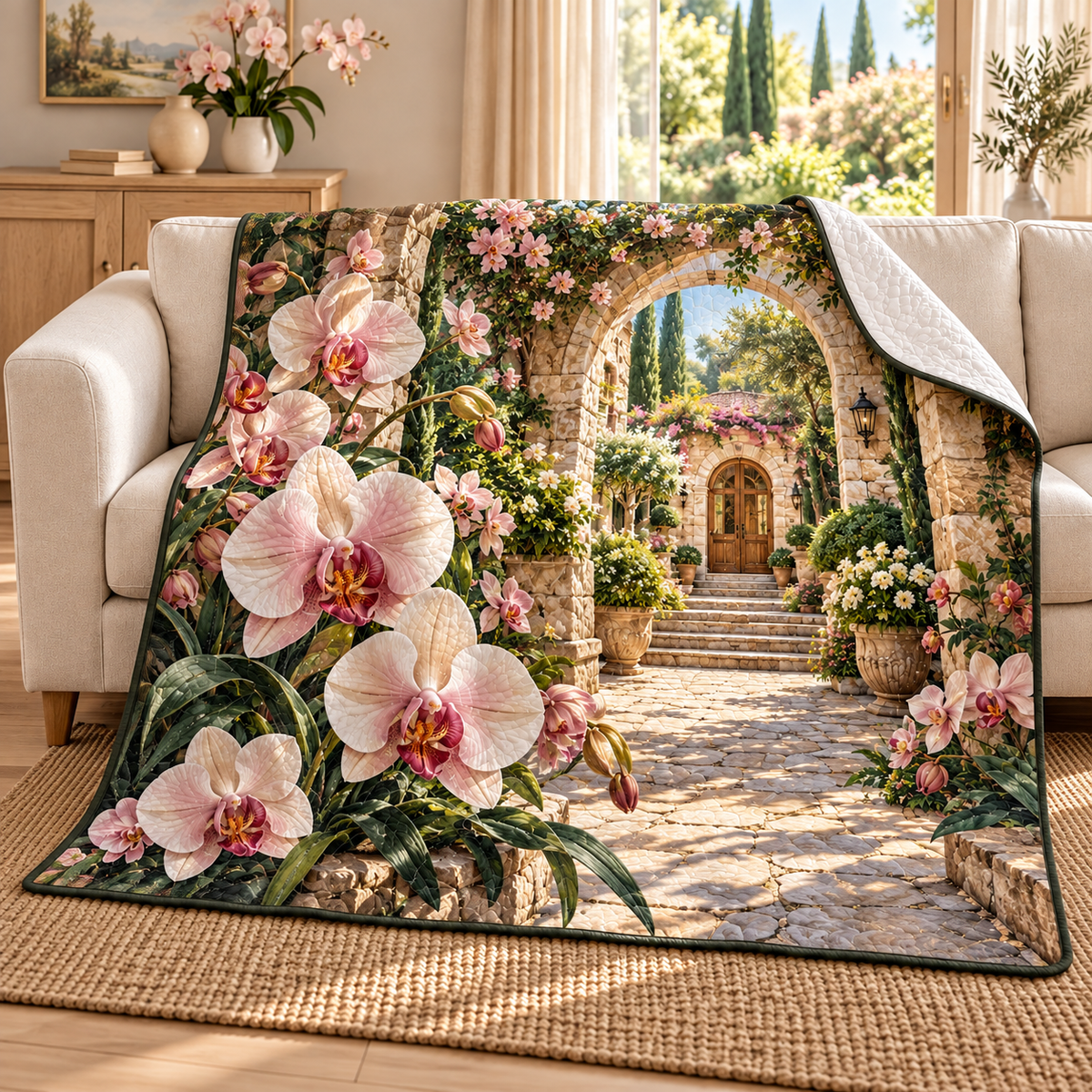 Orchid Welcome Courtyard Quilt Blanket with flat printed orchid courtyard artwork