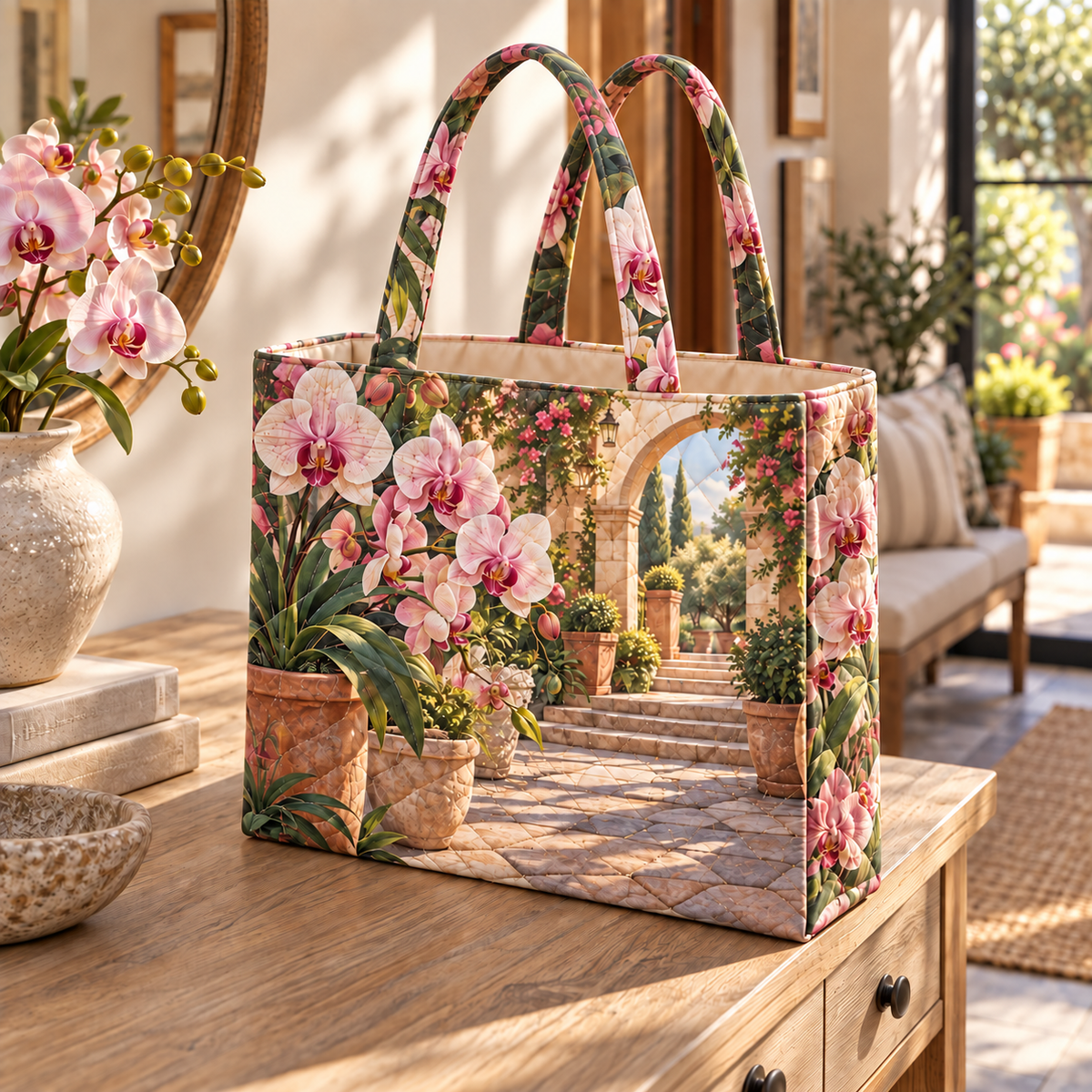 Orchid Welcome Courtyard Quilted Tote Bag with flat printed orchid courtyard artwork