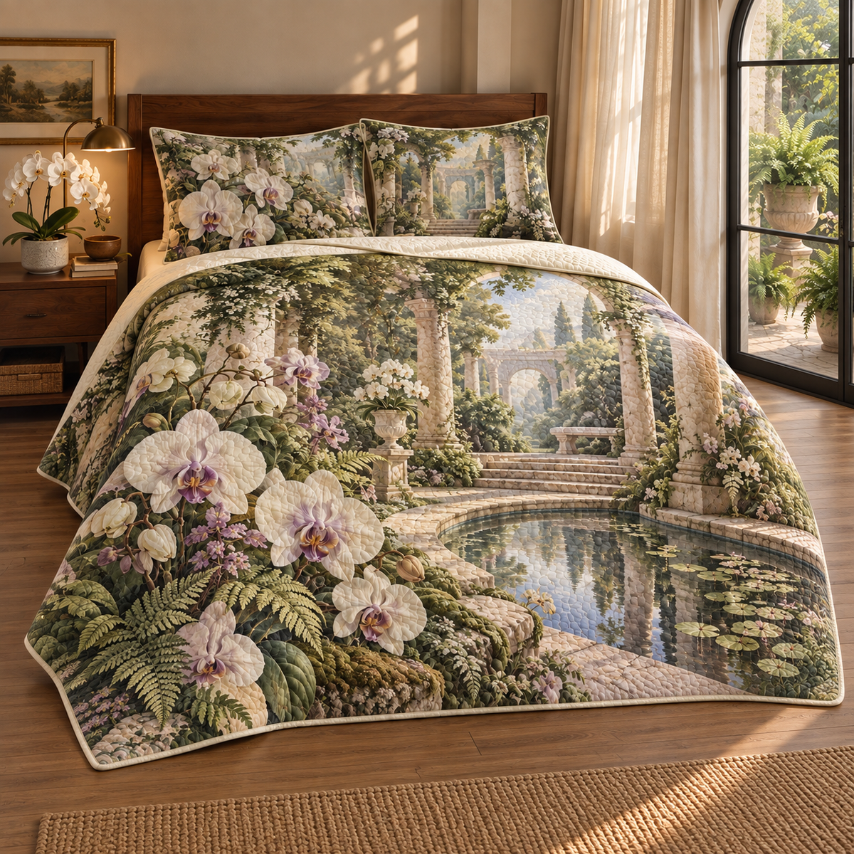 Orchid Quiet Alcove Quilted Bedding Set with flat printed orchid courtyard artwork