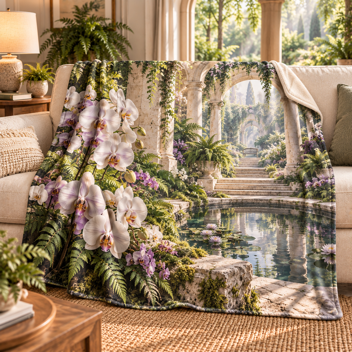Orchid Quiet Alcove Sherpa & Fleece Blanket with flat printed orchid courtyard artwork