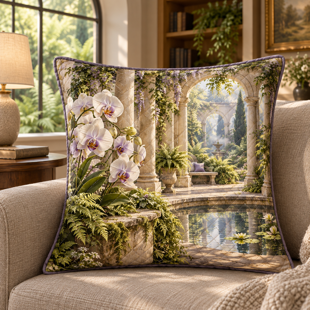 Orchid Quiet Alcove Quilted Cushion Cover with flat printed orchid courtyard artwork