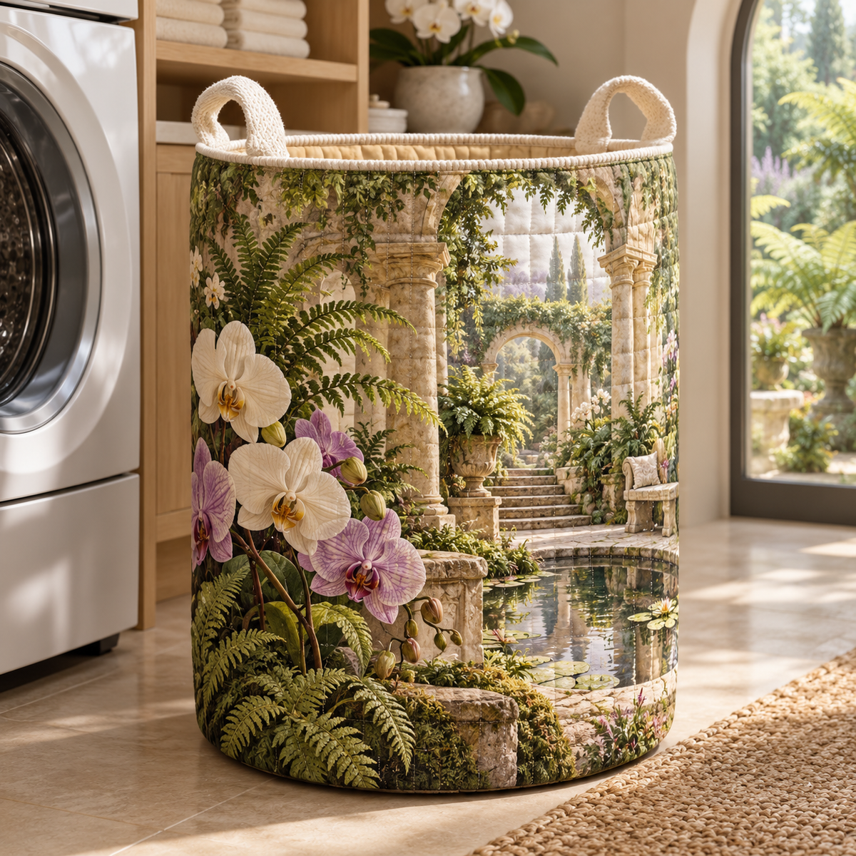 Orchid Quiet Alcove Laundry Hamper with flat printed orchid courtyard artwork