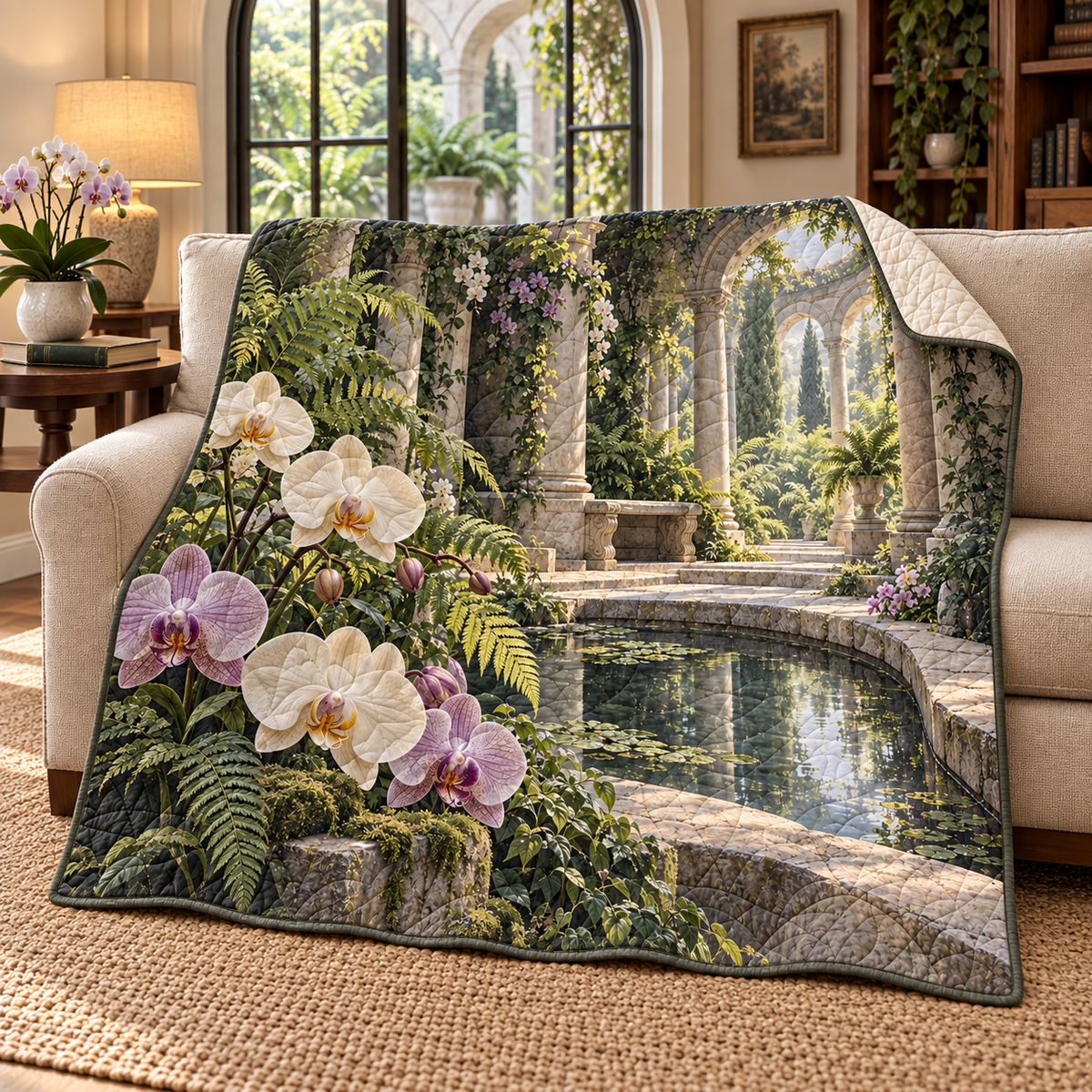 Orchid Quiet Alcove Quilt Blanket with flat printed orchid courtyard artwork