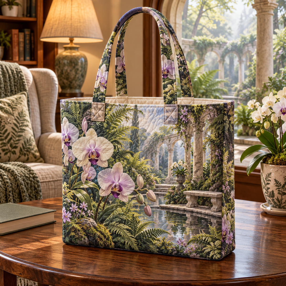 Orchid Quiet Alcove Quilted Tote Bag with flat printed orchid courtyard artwork