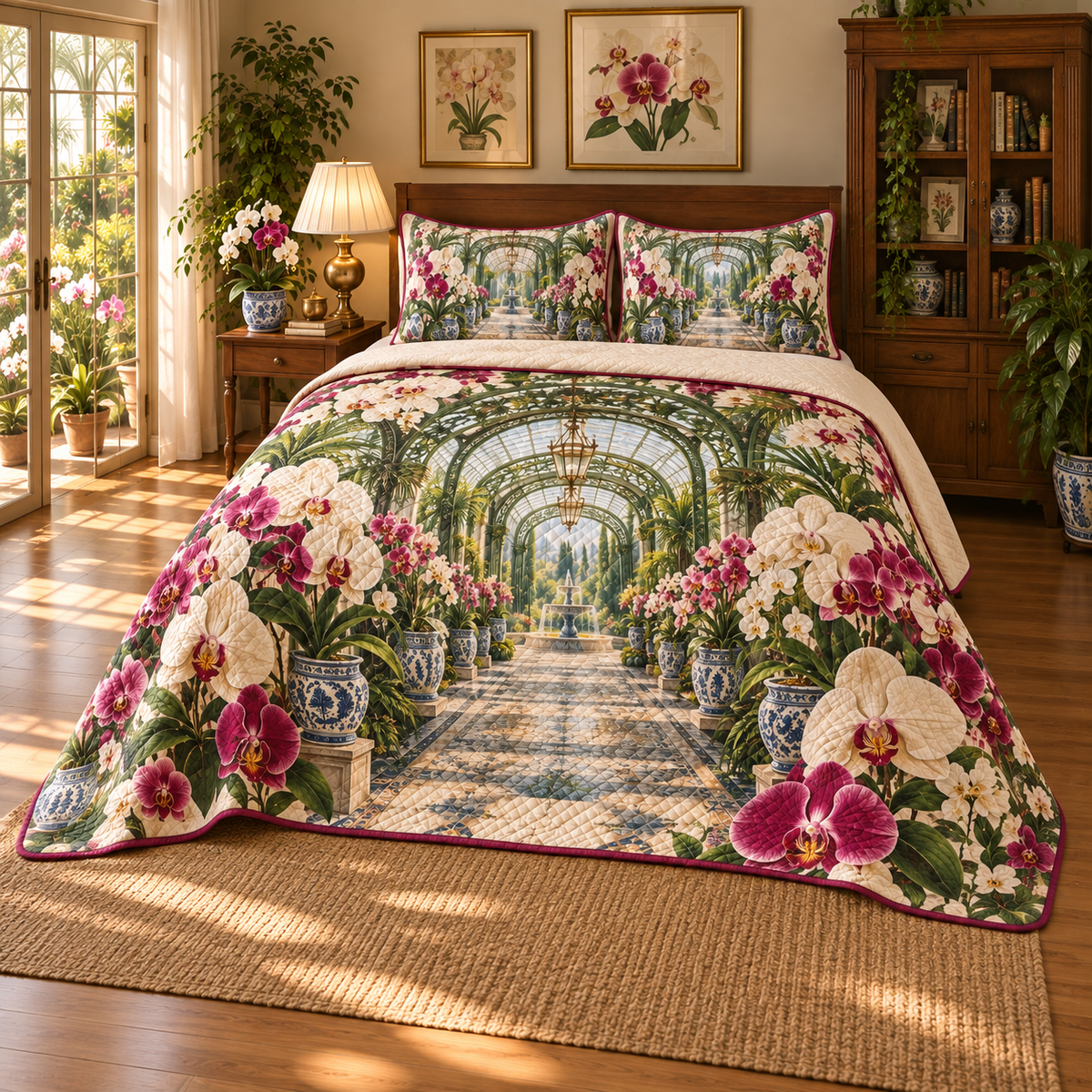 Orchid Collector Pavilion Quilted Bedding Set with flat printed orchid courtyard artwork