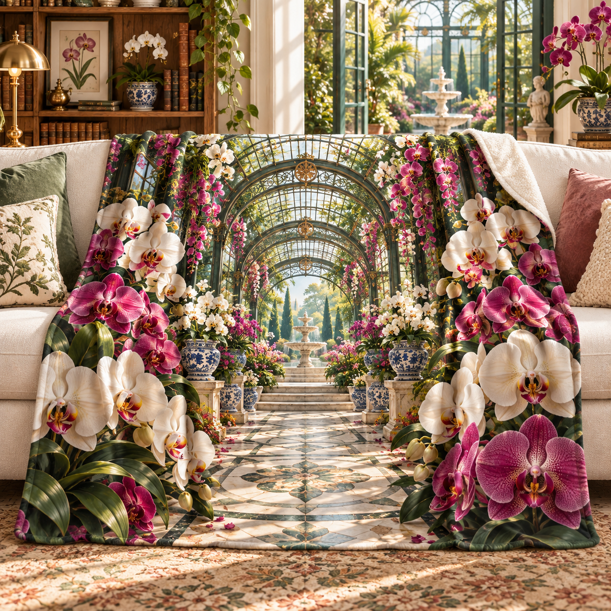 Orchid Collector Pavilion Sherpa & Fleece Blanket with flat printed orchid courtyard artwork