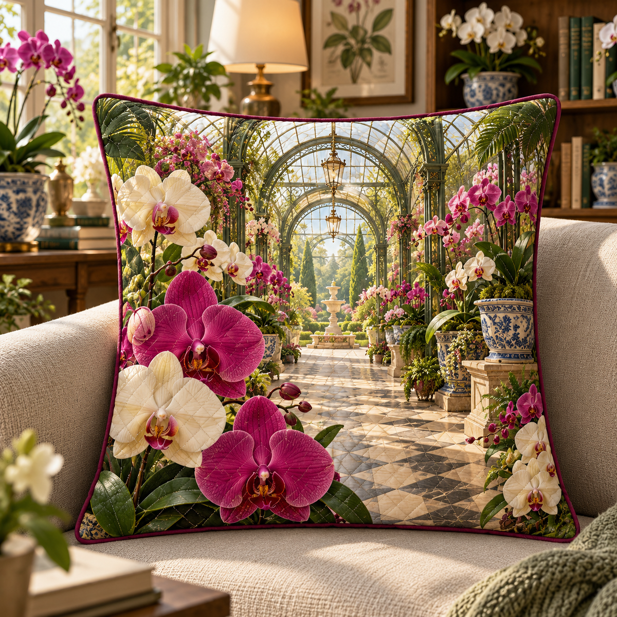 Orchid Collector Pavilion Quilted Cushion Cover with flat printed orchid courtyard artwork