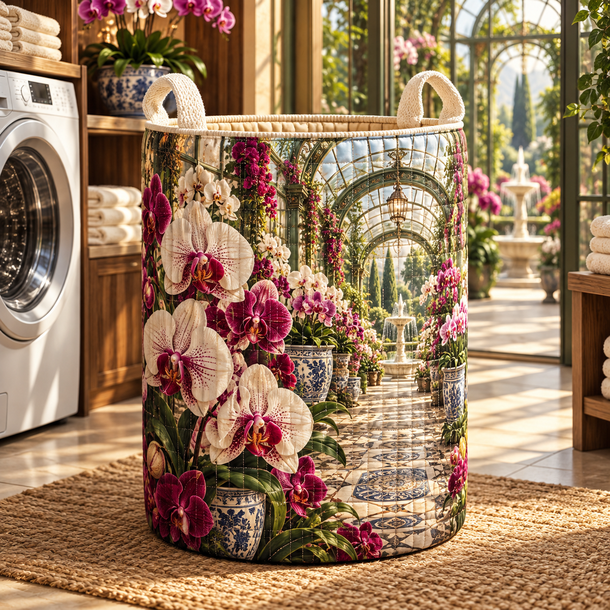 Orchid Collector Pavilion Laundry Hamper with flat printed orchid courtyard artwork