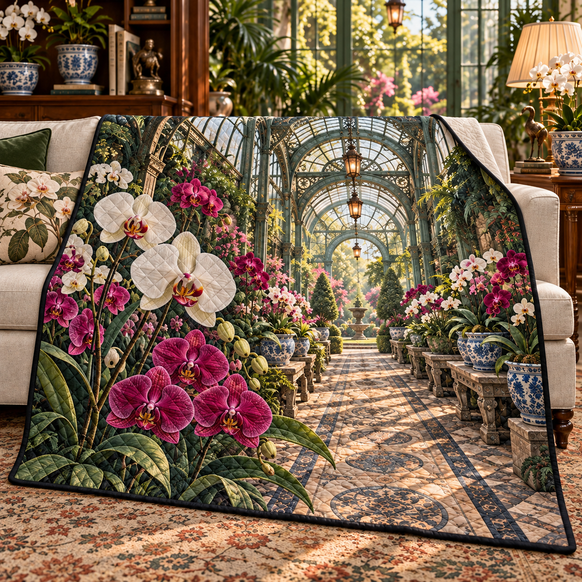 Orchid Collector Pavilion Quilt Blanket with flat printed orchid courtyard artwork