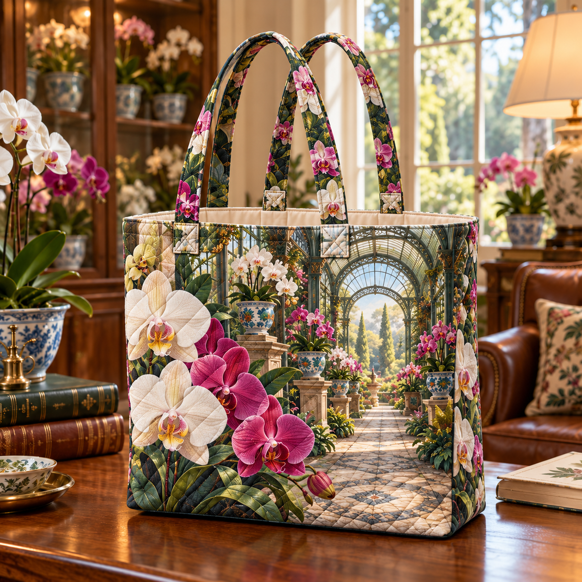 Orchid Collector Pavilion Quilted Tote Bag with flat printed orchid courtyard artwork