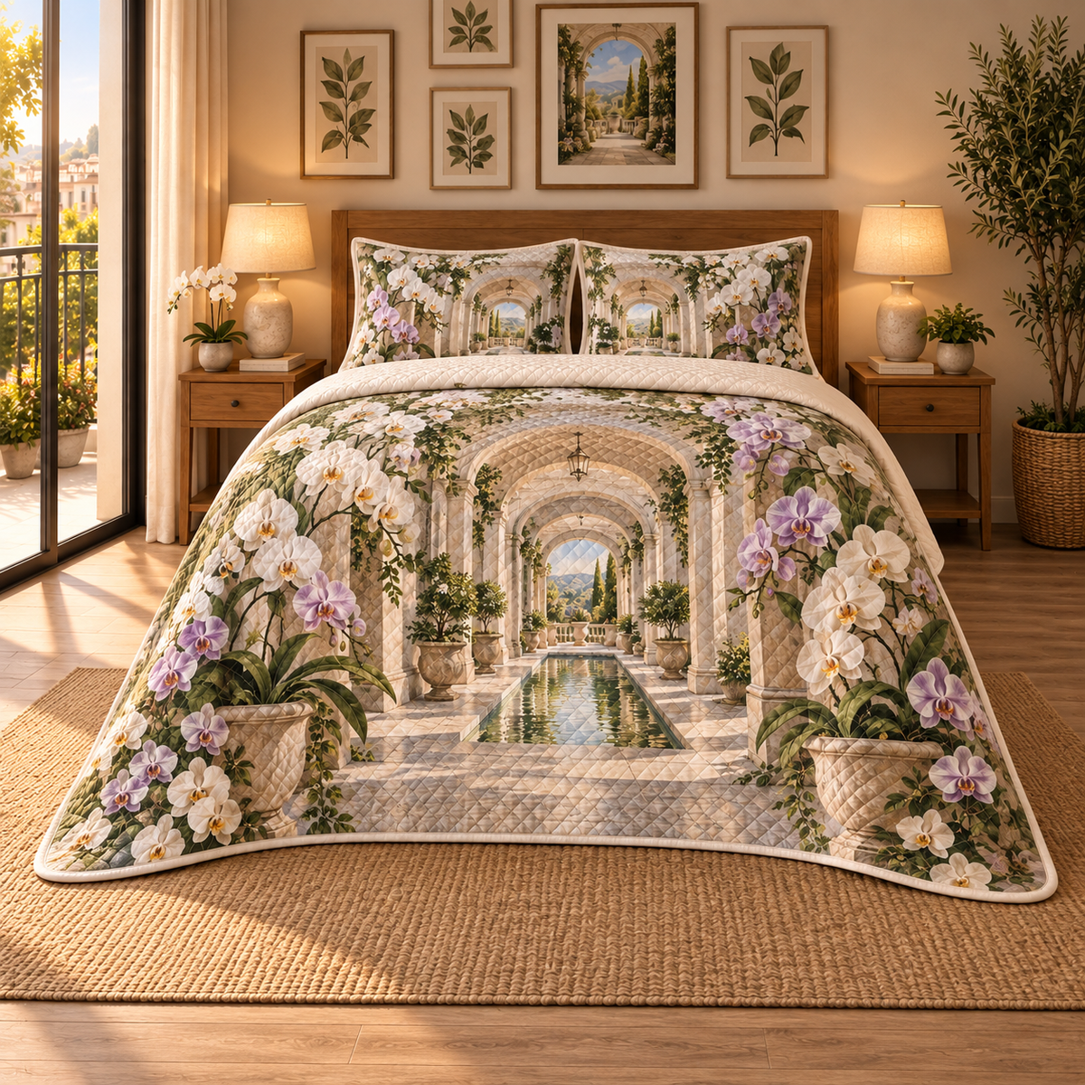 Orchid Gallery Atrium Quilted Bedding Set with flat printed orchid courtyard artwork