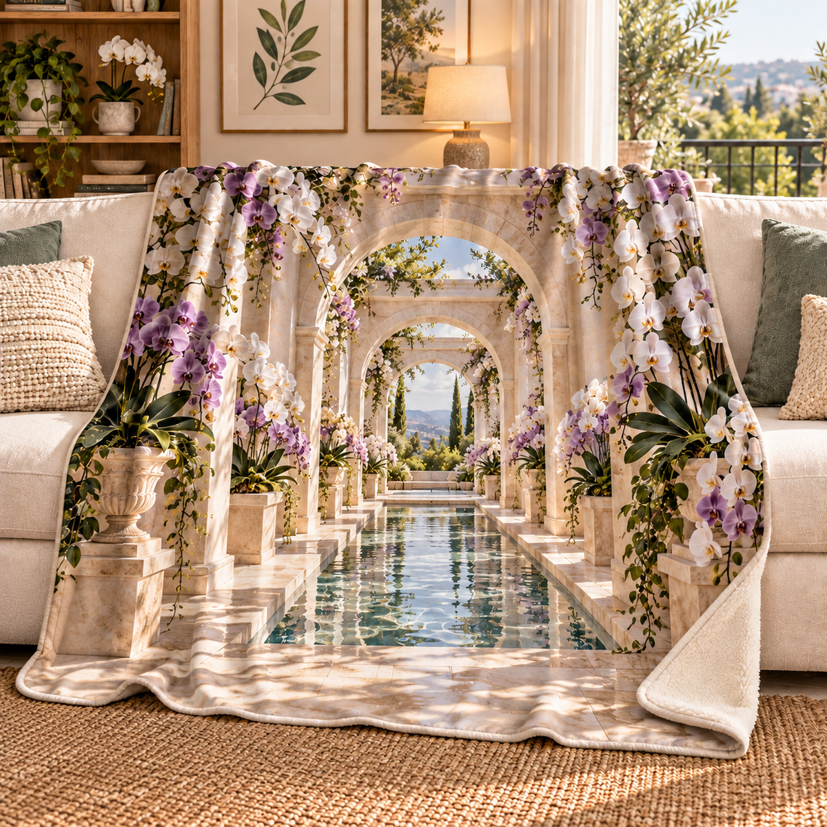 Orchid Gallery Atrium Sherpa & Fleece Blanket with flat printed orchid courtyard artwork