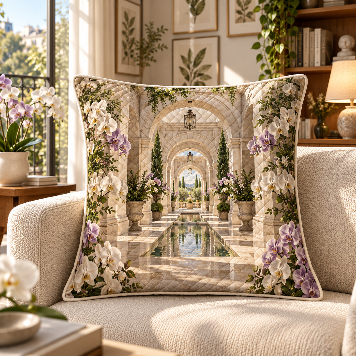 Orchid Gallery Atrium Quilted Cushion Cover with flat printed orchid courtyard artwork