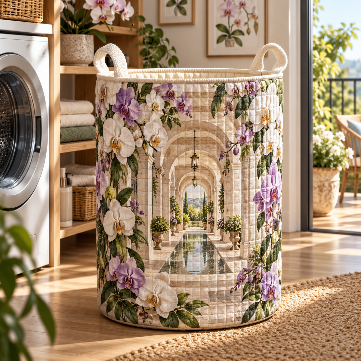 Orchid Gallery Atrium Laundry Hamper with flat printed orchid courtyard artwork