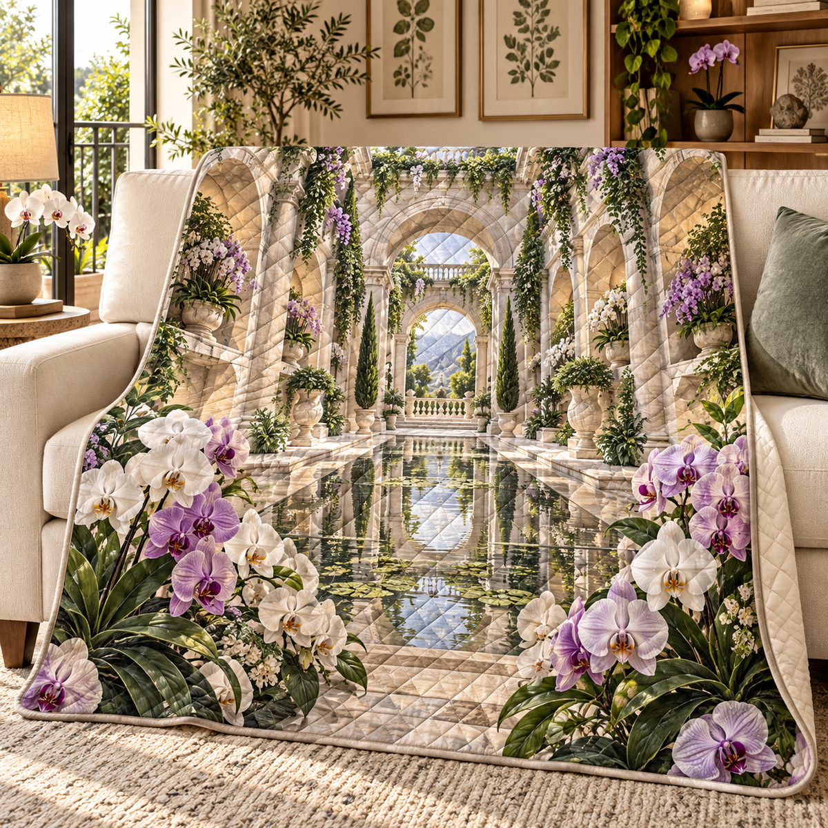 Orchid Gallery Atrium Quilt Blanket with flat printed orchid courtyard artwork